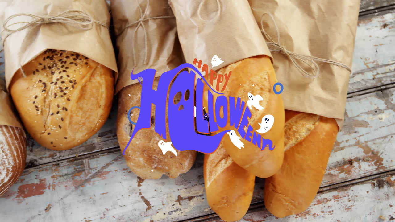 Loaves of bread wrapped in paper with Halloween text and ghost animation overlay