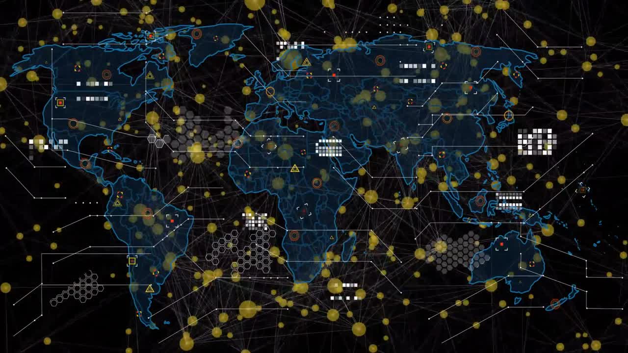 Global network map fading in, pulsing nodes and routing lines, visualizing activity hotspots