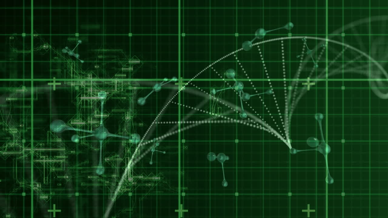 원자 구조와 입자가 헬릭스를 형성하는 애니메이션을 녹색 데이터를 처리합니다.