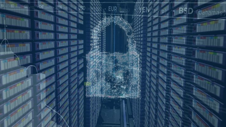 Animation of padlock and data processing over computer servers