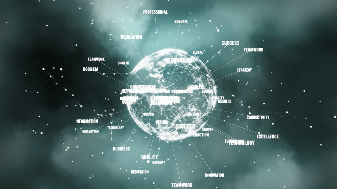 전 세계 텍스트와 연결된 네트워크의 애니메이션