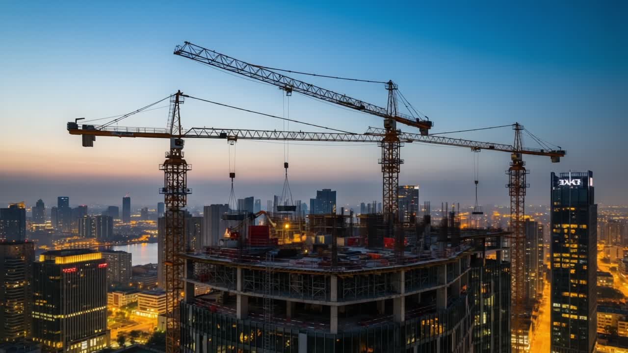 A Breathtaking View of Urban Construction: Elevating the Skyline with Majestic Cranes at Dusk as the City Lights Begin to Sparkle in the Background