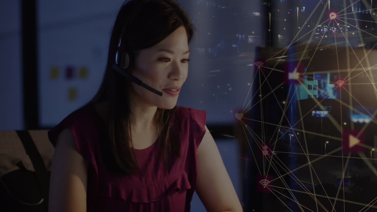 사무실에서 아시아 사업가 여성의 애니메이션 사람들이 고 도시 풍경