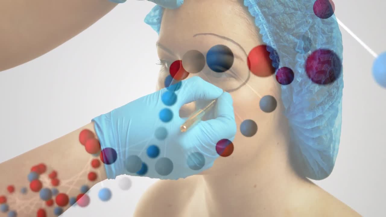 анимация днк, вращающаяся над руками врача, готовящего кавказскую женщину к пластической хирургии.