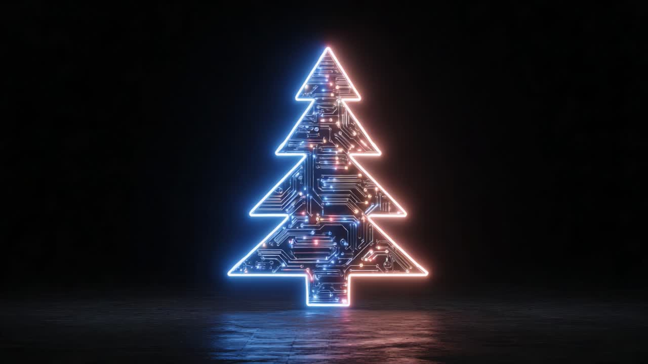 A Futuristic Christmas Tree Illuminated with Digital Circuits and Lights, Showcasing Modern Technology Blending with Traditional Holiday Symbols