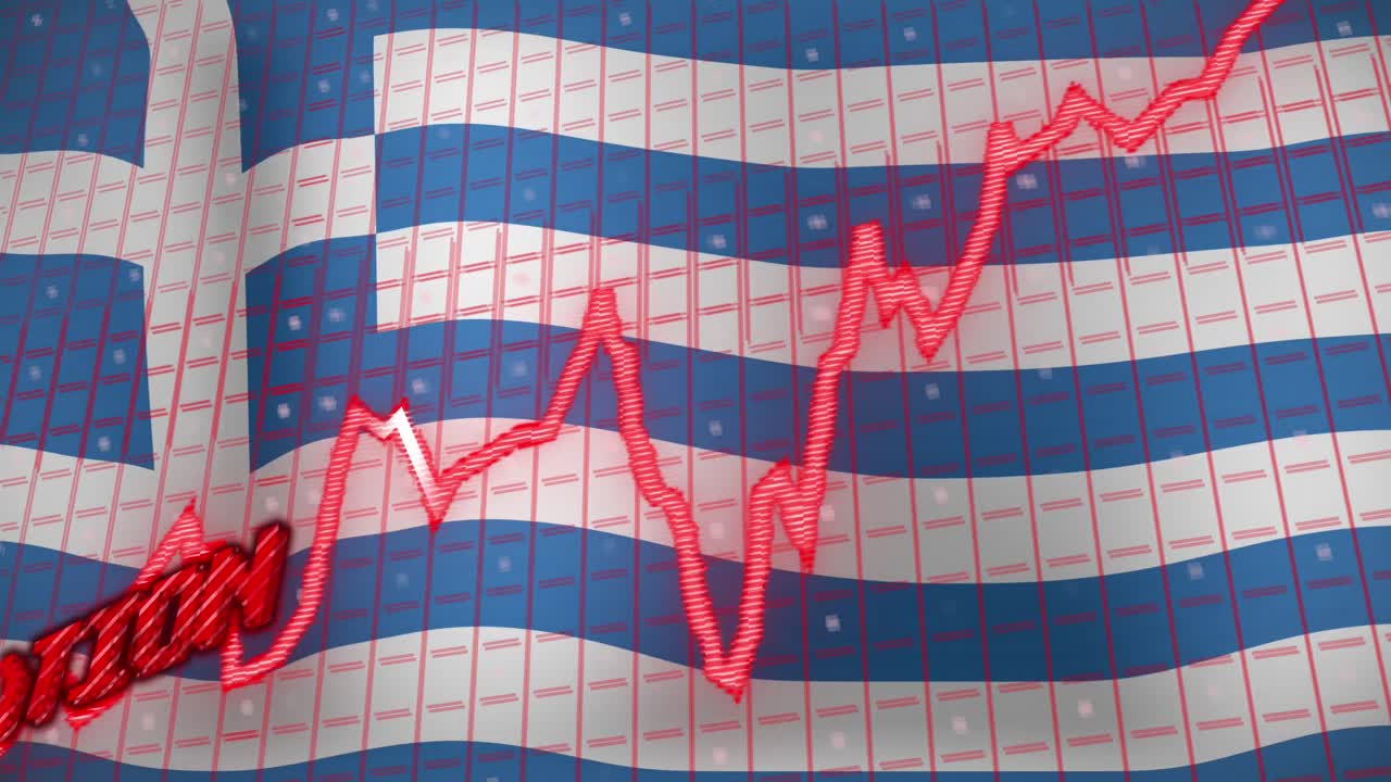 animación del procesamiento de datos y texto de inflación sobre la bandera de grecia