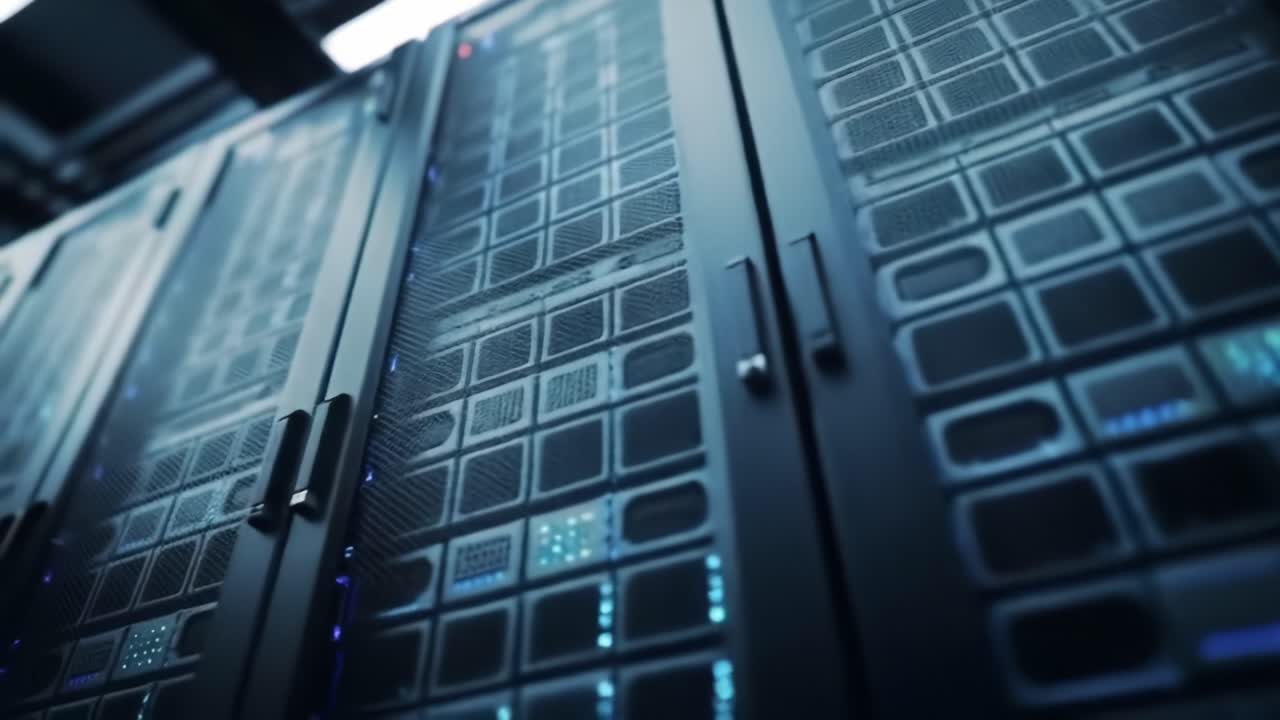 A Close-Up View of Modern Data Center Racks Showcasing High-Tech Server Storage Units with Advanced Cooling and LED Indicators for Optimal Performance
