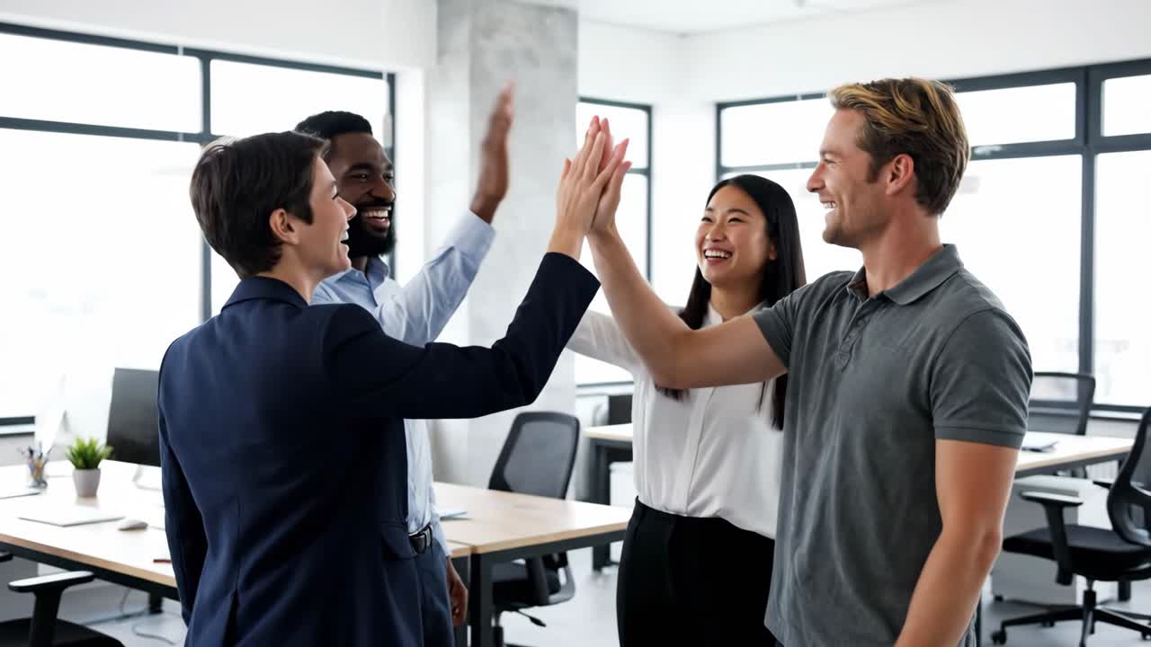 Diverse Business Team Celebrating Success with High Five in Modern Office