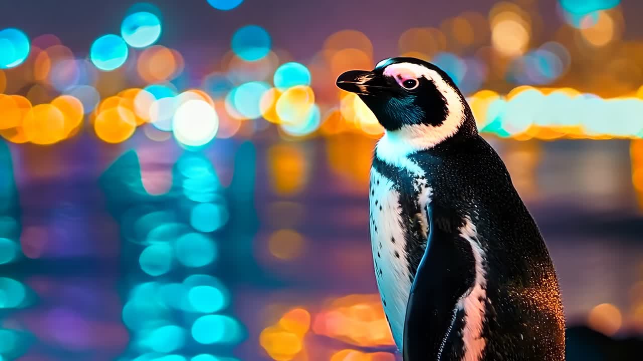 un pingüino de pie en la parte superior de una roca junto a un cuerpo de agua