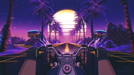 80s retro futuristic sci-fi seamless loop. vj landscape with motorcycle pov