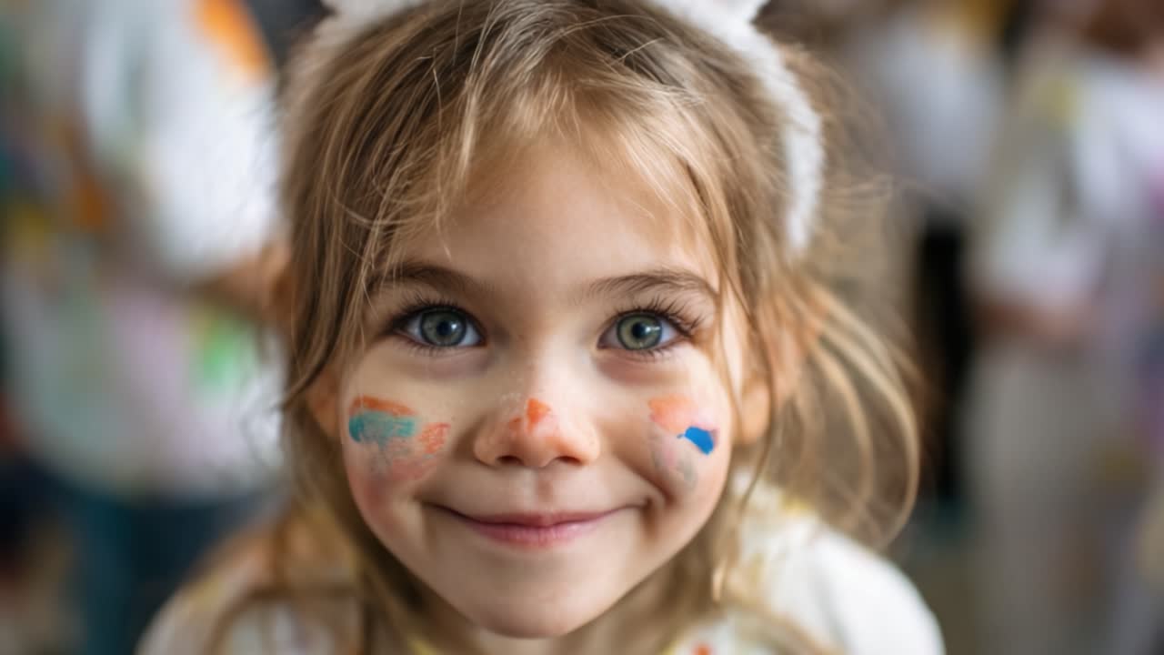 Un momento giocoso: una giovane ragazza con vivaci colori sul viso e un sorriso incantevole, catturata in un ambiente creativo ricco di colori ed espressioni gioiose