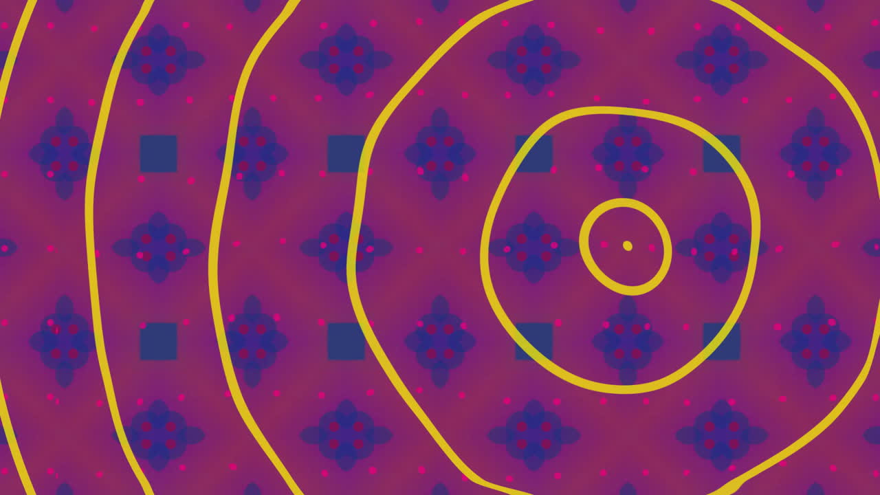 Animazione di cerchi gialli su quadrati blu e viola.
