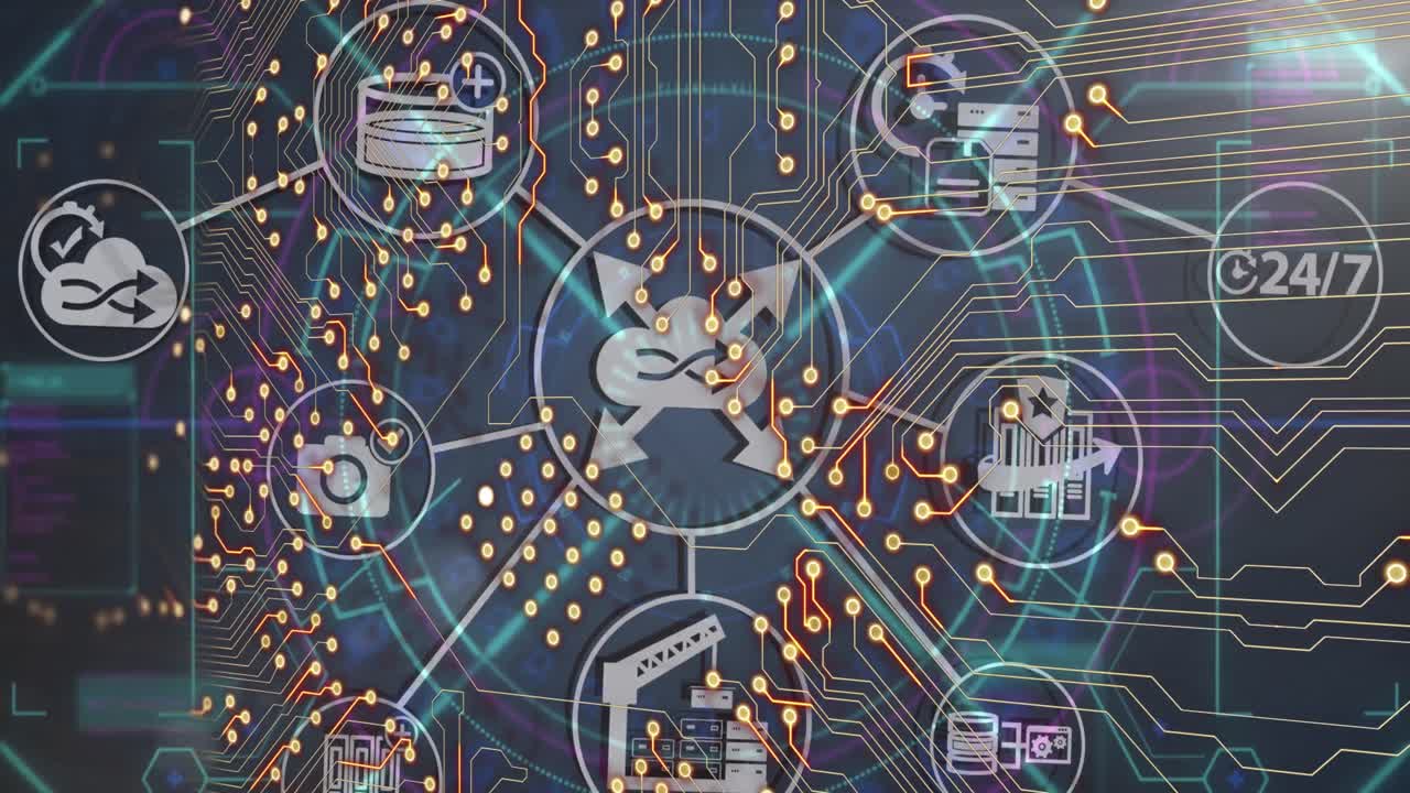 animación de circuitos integrados e iconos tecnológicos sobre líneas en fondo negro