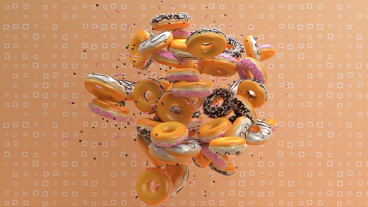 Pink glazed with sprinkles sweet donuts, chocolate and white frosting doughnuts, tasty unhealthy dessert animated background, 3d render abstract art, donut national day, gourmet food graphic design