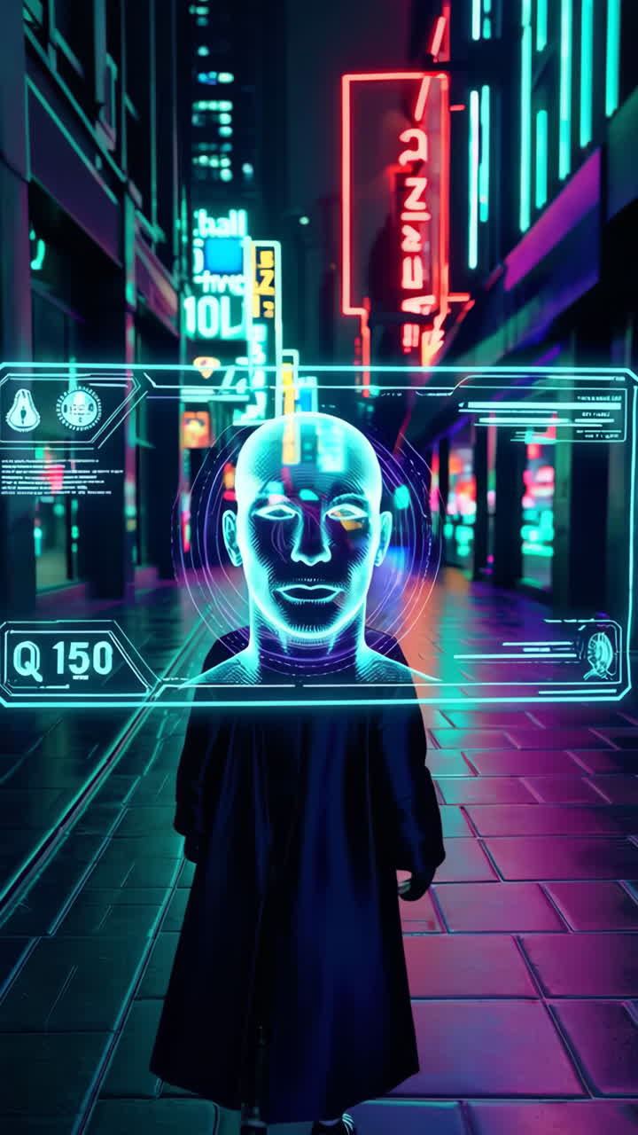 Person with Augmented Reality Face Recognition Display in Cyberpunk City