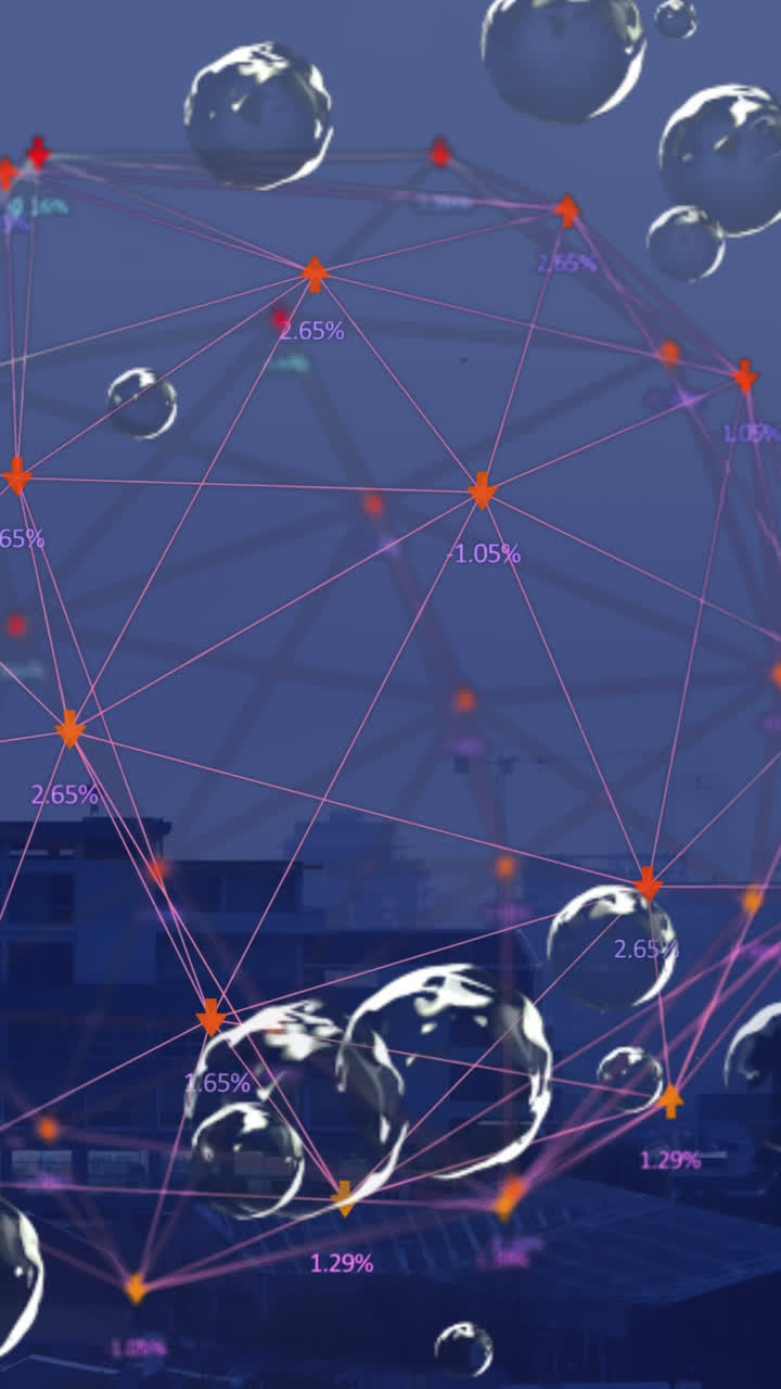 Animation of network of connections with bubbles over cityscape