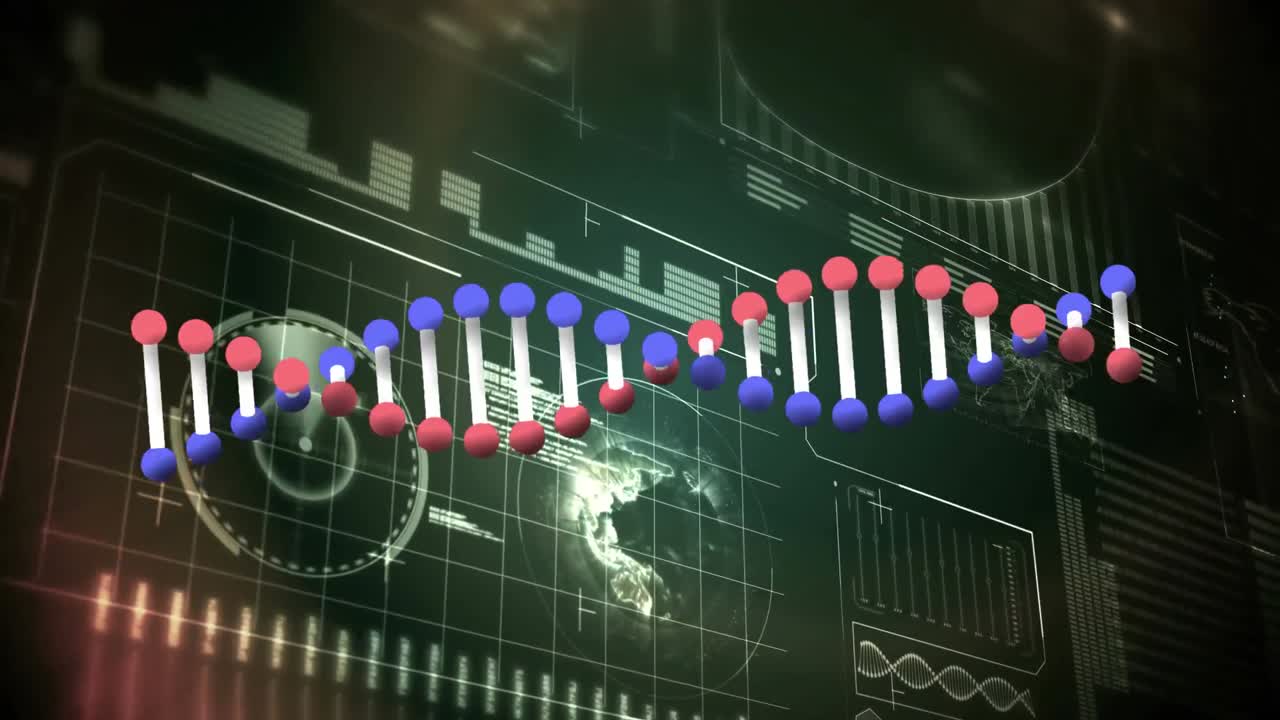 정보 및 데이터 처리와의 인터페이스를 돌리는 dna 가닥의 애니메이션