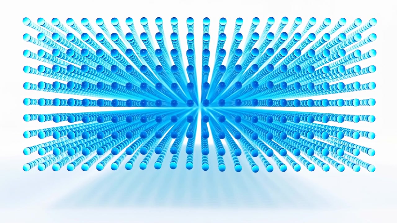 Symmetrical array of translucent cyan-blue rods with glossy rounded caps fans outward from central vanishing point while foreground elements appear larger and brighter, creating strong depth, motion