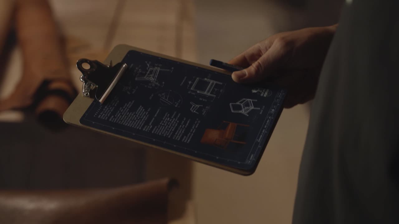 Close-up of a hand holding a clipboard with technical blueprints of furniture designs in a workshop, symbolizing craftsmanship, design planning, and creative handmade production