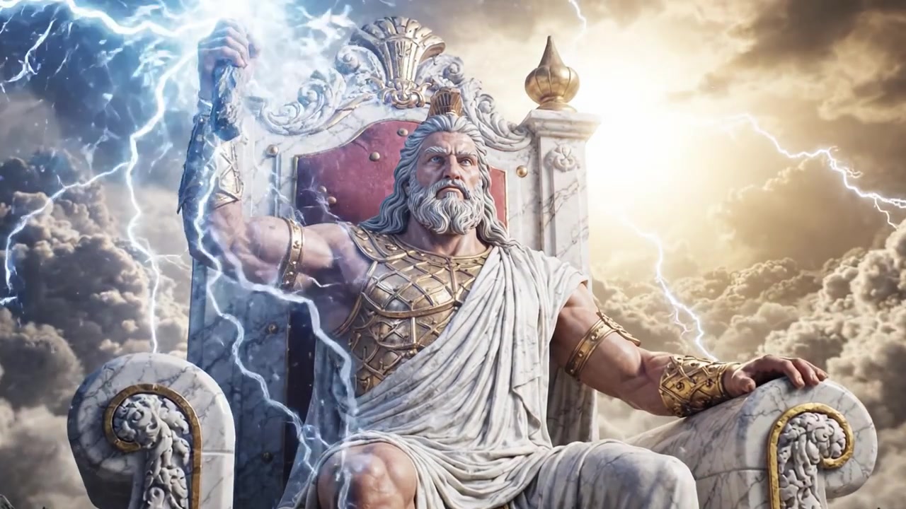 Figura Majestosa em Trono Empunhando Raios, Incorporando Poder e Autoridade em Meio a um Céu Dramático com Trovões e Nuvens