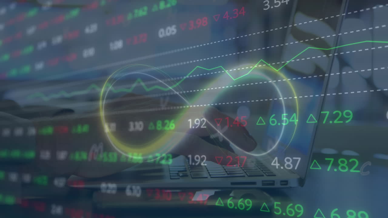 Animation of stock market data processing and infinity symbol over mid section of a man using laptop