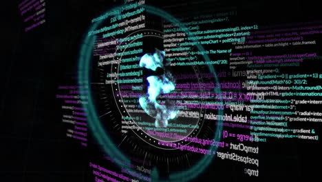 animation of dollar rotating over data processing on black background