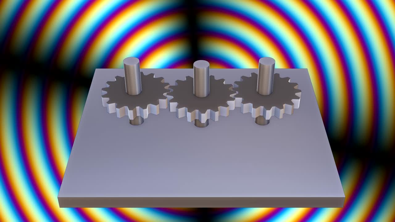 Conceptual art of a mechanism with 3 gears in operation.