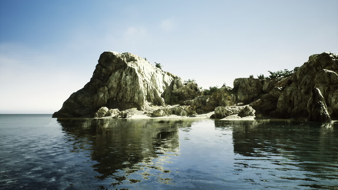 Serene coastal landscape featuring rock formations and calm waters at dusk