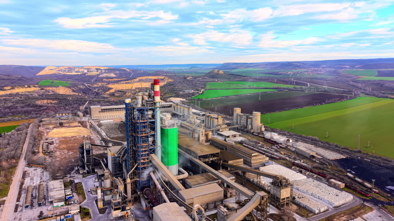High angle view of a massive manufacturing complex with tall industrial structures, conveyor belts, and smoking chimneys. Large industrial cement plant with towers and silos
