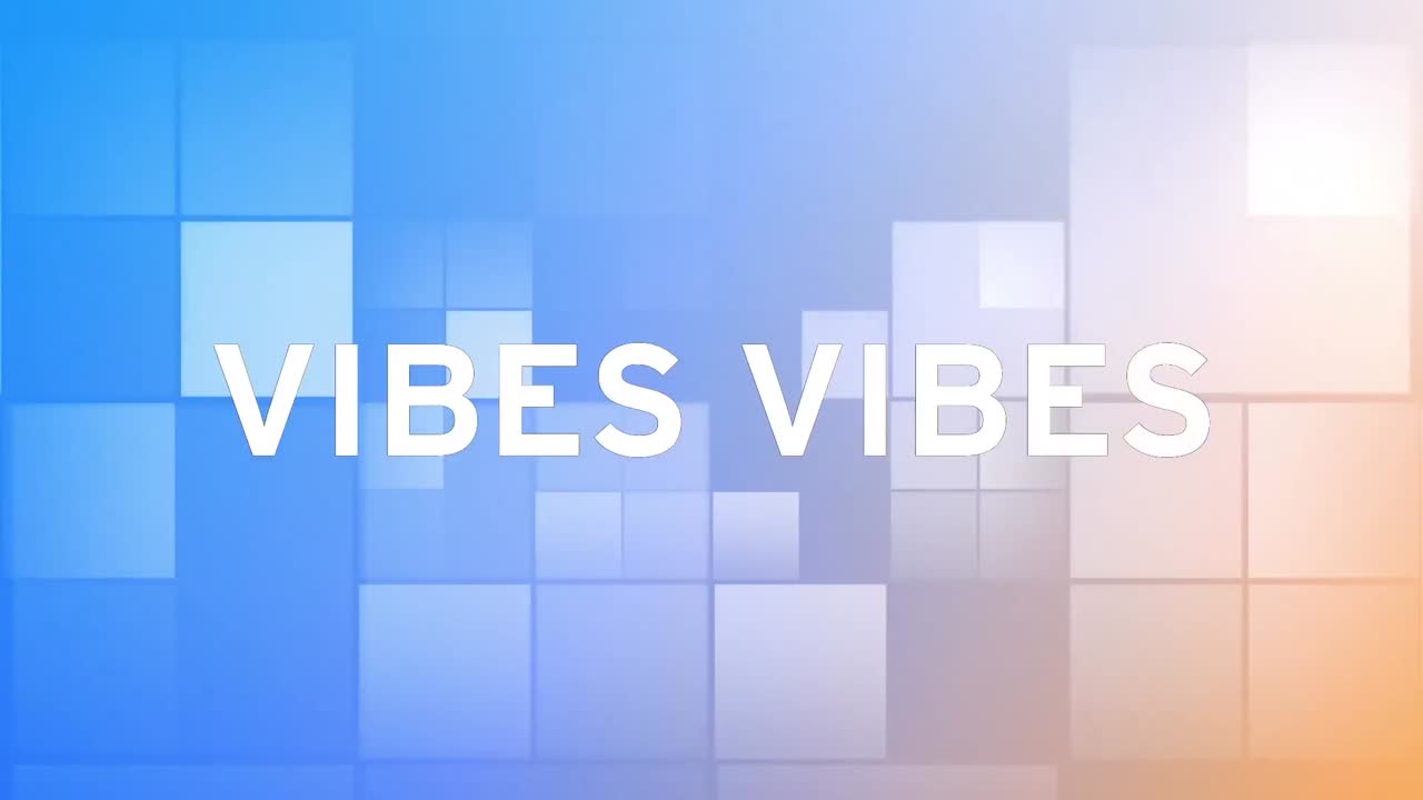 Animation of good vibes in white and colourful text over glowing blue and white lighst squares