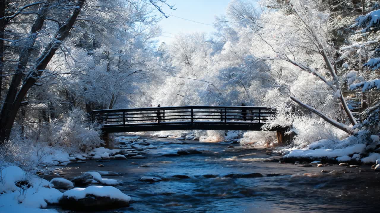A Serene Winter Scene Featuring a Snow-Covered Bridge Over a Tranquil Stream Surrounded by Sparkling Frosted Trees in a Peaceful Natural Setting