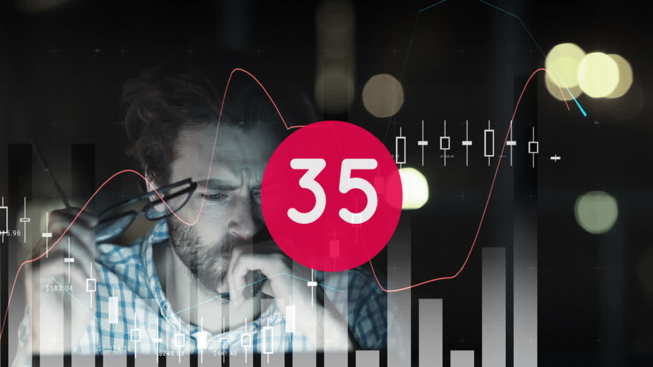 animación de los números cambiando sobre las estadísticas y el hombre cansado