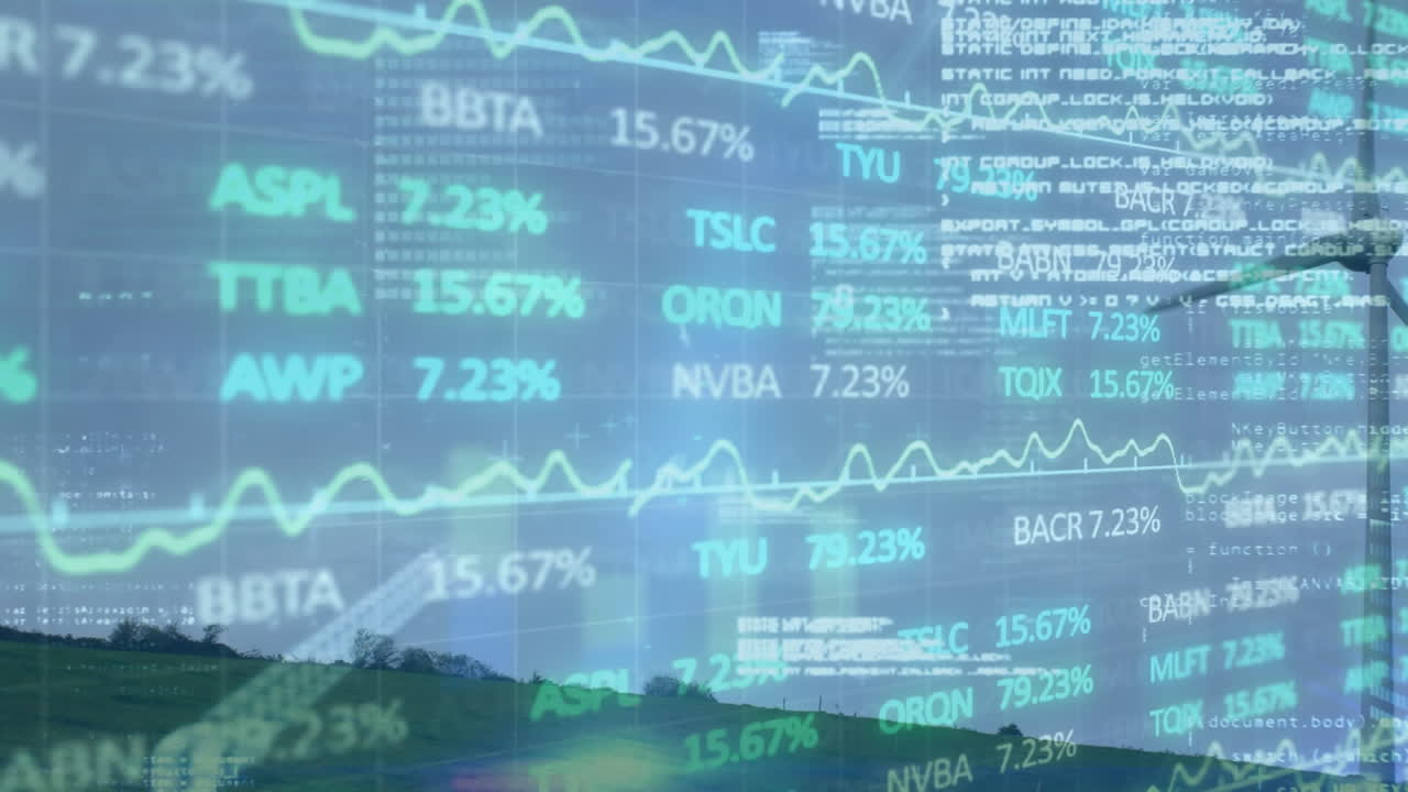 Animation of financial data processing over wind turbine