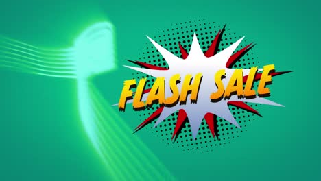 flash sale text over retro speech bubble against digital waves on green background