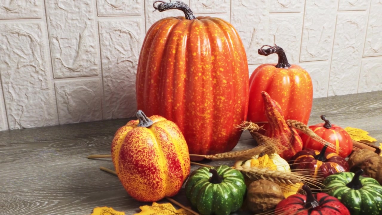 Festive thanksgiving decoration with autumn pumpkins and leaves