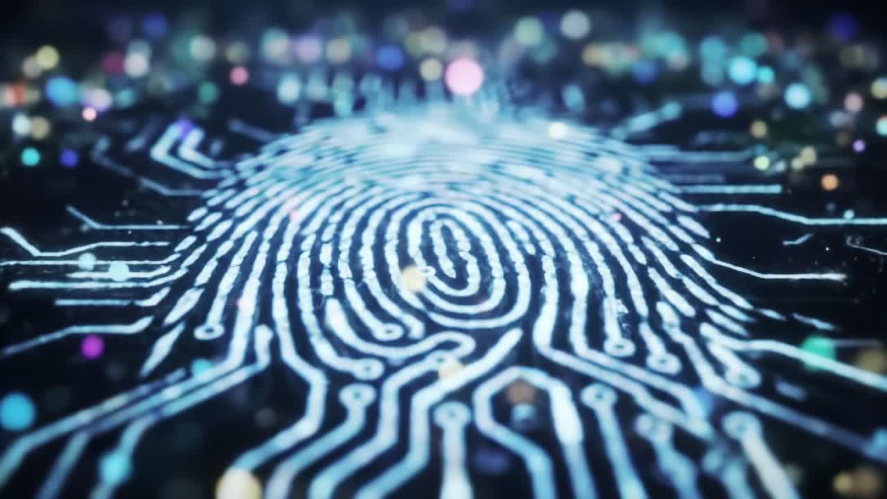 Exploring the Connection Between Technology and Identity Through a Digital Fingerprint Against a Backdrop of Twinkling Lights and Data Points