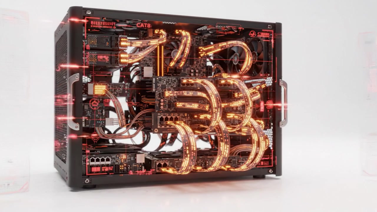 En fantastisk transformation af et avanceret computersystem, der fremviser kompleks kabling og strålende belysning fra start til slutbillede i et slankt kabinetdesign.
