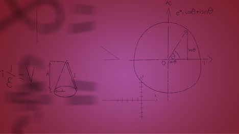 Animation-of-hand-written-mathematical-formulae-over-pink-background