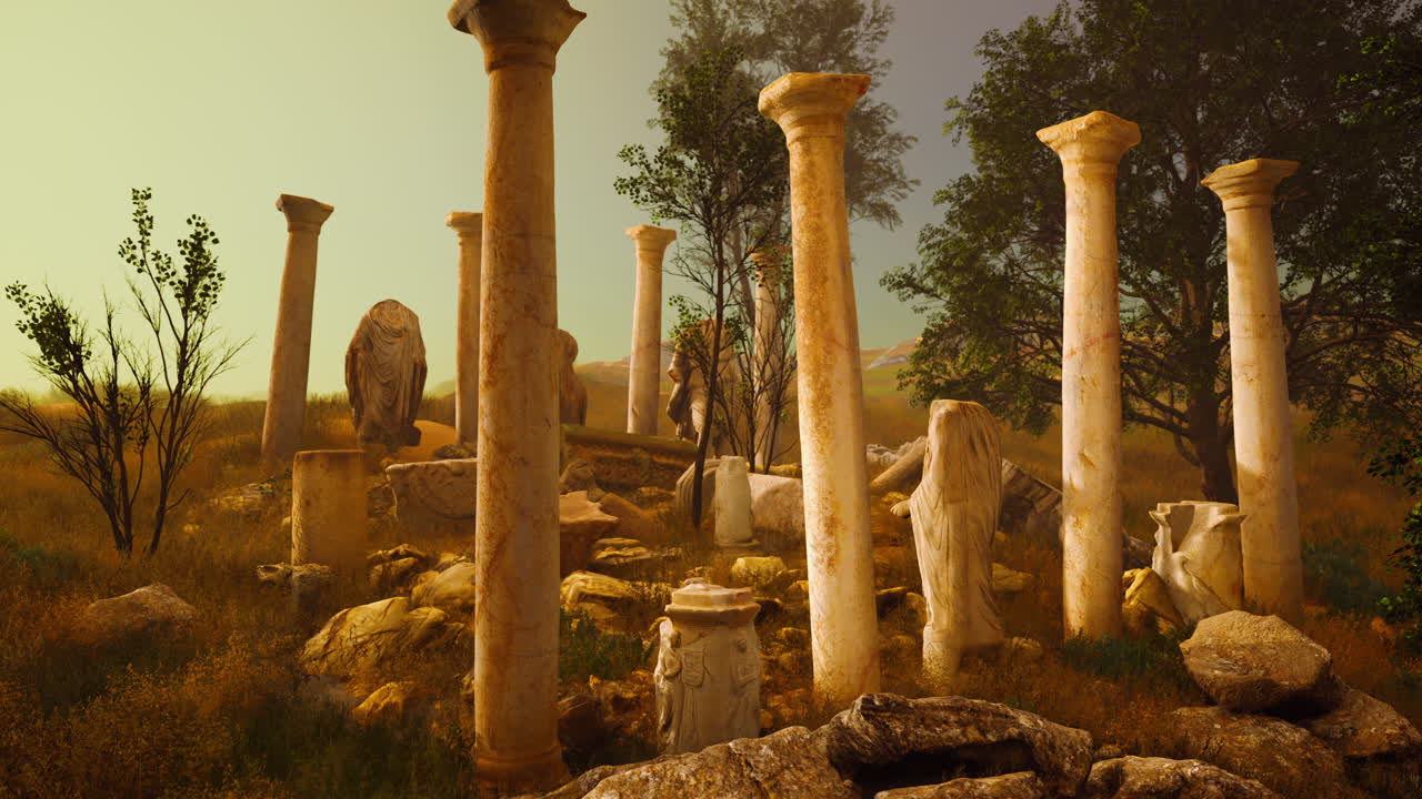 부서진 동상 들 이 있는 고대 로마의 폐허