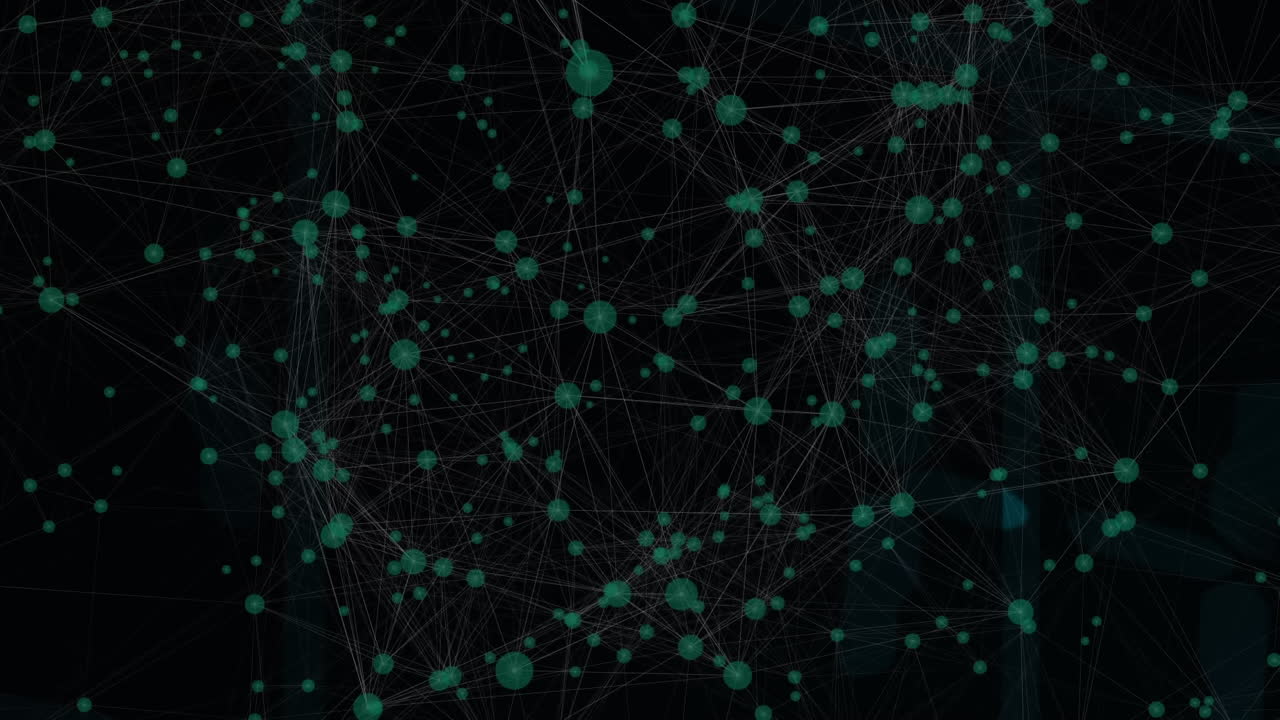 Animation of connected dots with lines and abstract patterns over black background