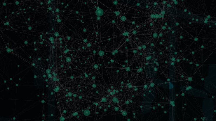 Animazione di punti connessi con linee e motivi astratti su sfondo nero.