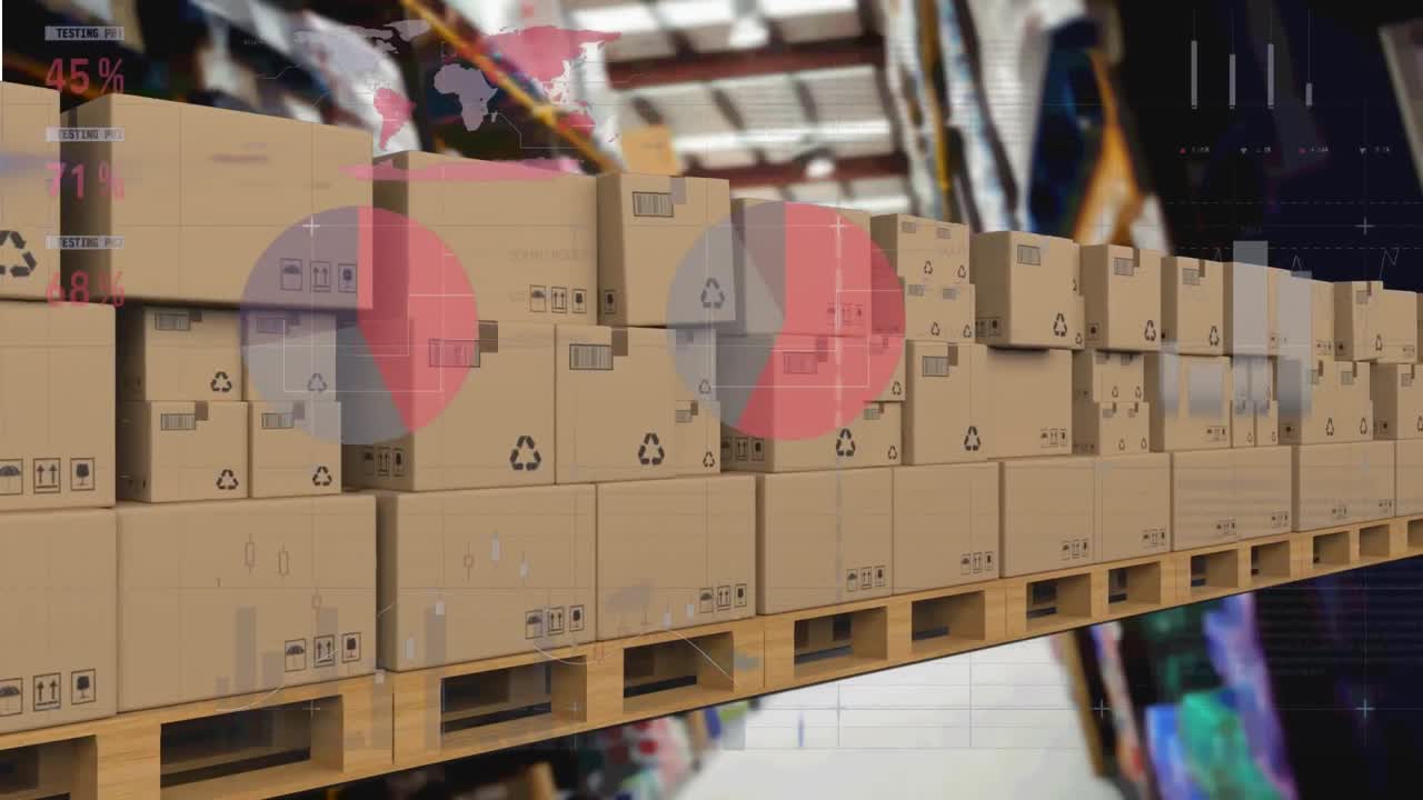 배경에서 컨베이어 벨트에 있는 카드보드 상자 위에서 통계 처리의 애니메이션