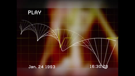 animación de la pantalla con glitch, gráficos y frecuencia cardíaca sobre fondo rojo y negro