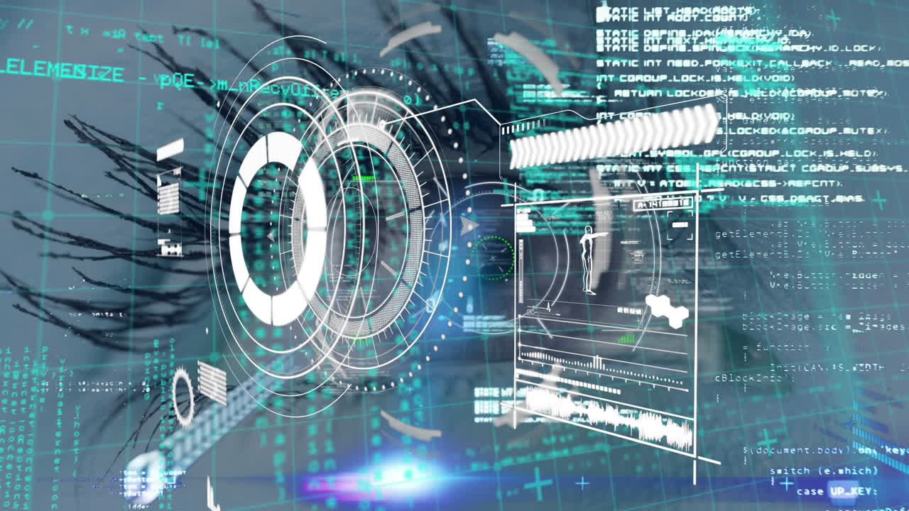 백인 여성의 눈 위에서 스 ⁇  스캐닝과 데이터 처리의 애니메이션