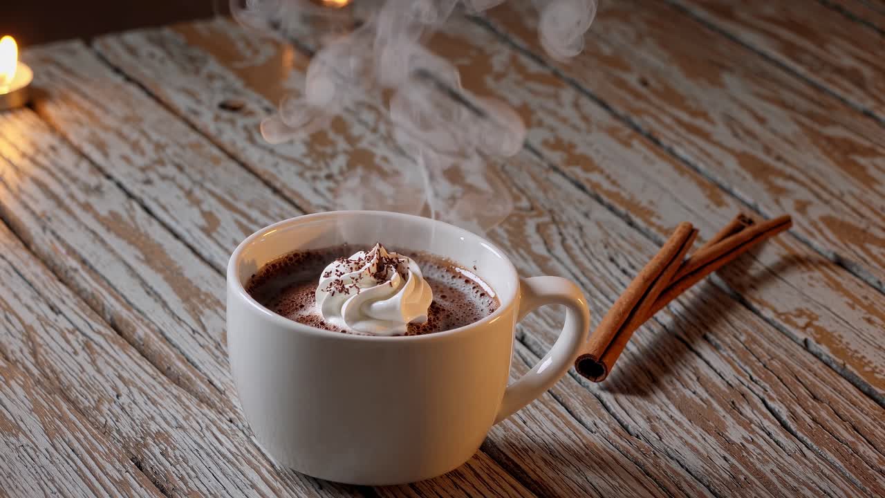 Warm cup of hot chocolate with whipped cream on rustic wooden table