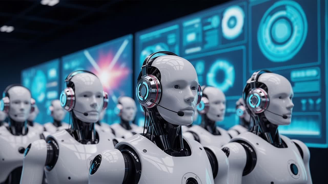 An Advanced Assembly of Futuristic Robots with Headsets, Designed for Interactivity and Communication, Stand in a High-Tech Environment Filled with Digital Displays and Graphics
