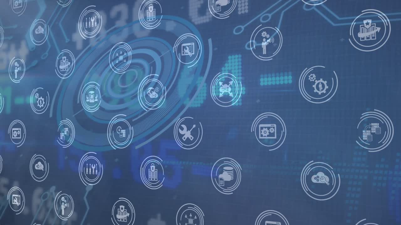 Digital icons in seamless pattern against round scanner and stock market data processing