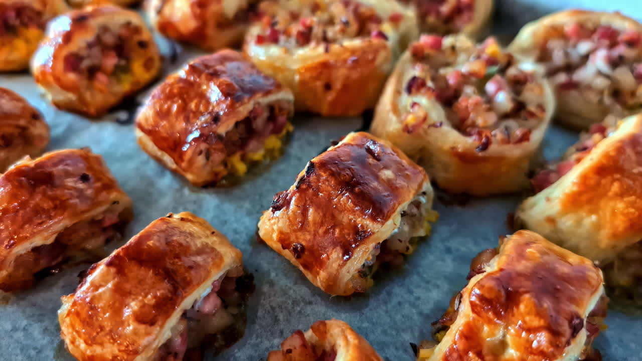 Freshly baked pastries with toppings arranged on tray, warm golden crusts and rich texture
