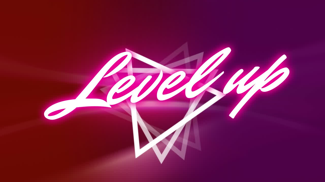 Animazione di testo "level up" al neon su triangolo luminoso su sfondo rosa
