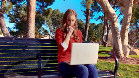 A-happy,-attractive,-young,-caucasian-woman-at-the-park,-on-a-bench-using-her-laptop